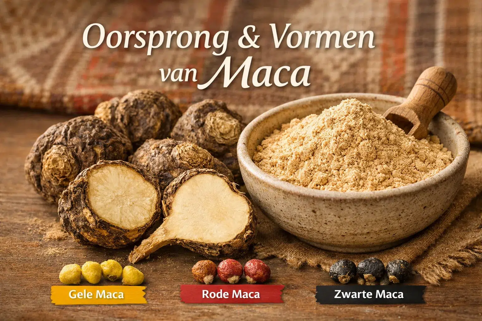 Detailed editorial photograph (1536x1024) showing close-up composition of maca root in three forms: whole dried root pieces, cross-section r