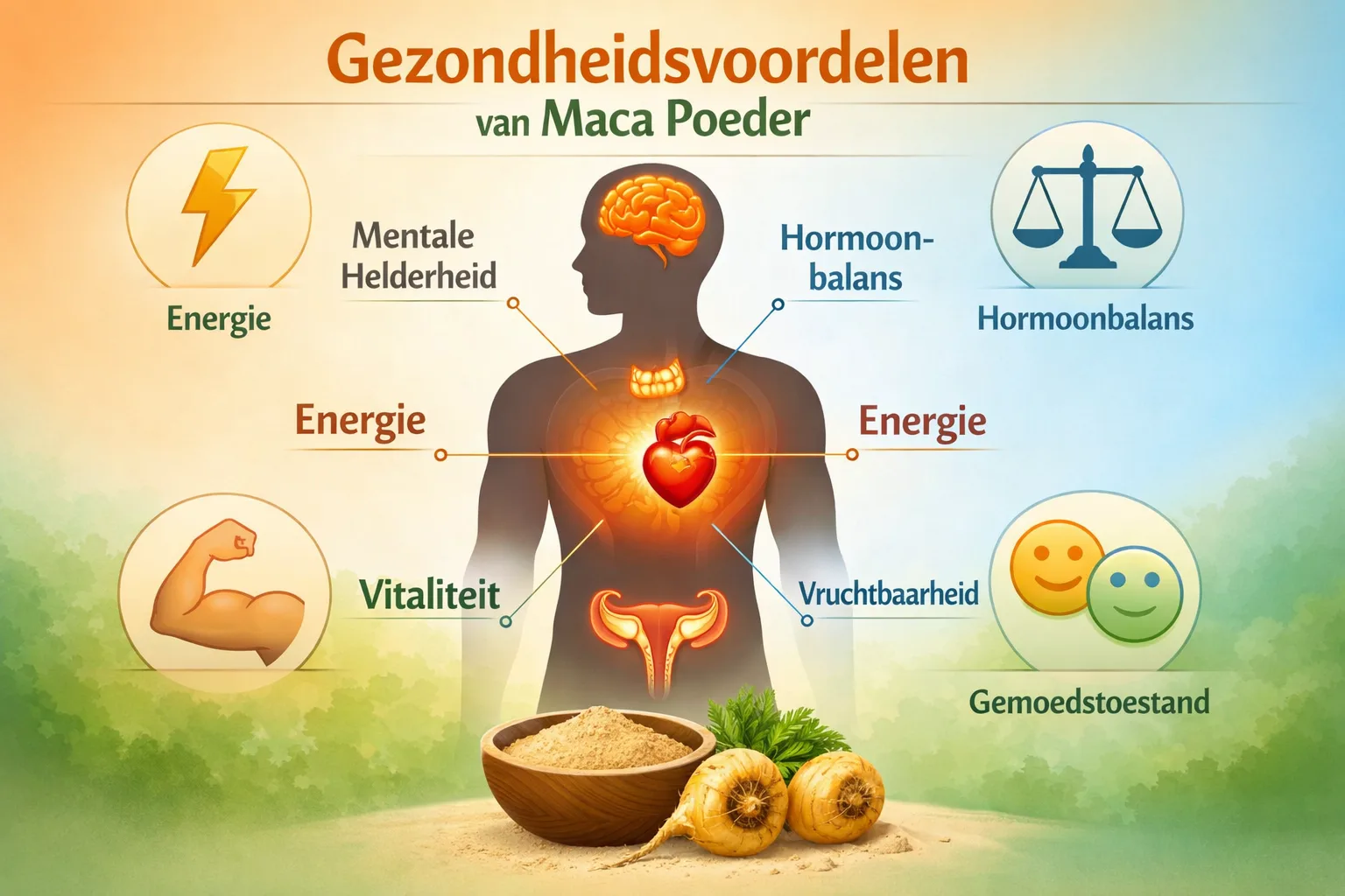 Professional infographic-style image (1536x1024) illustrating health benefits of maca powder. Central visual of human body silhouette with h