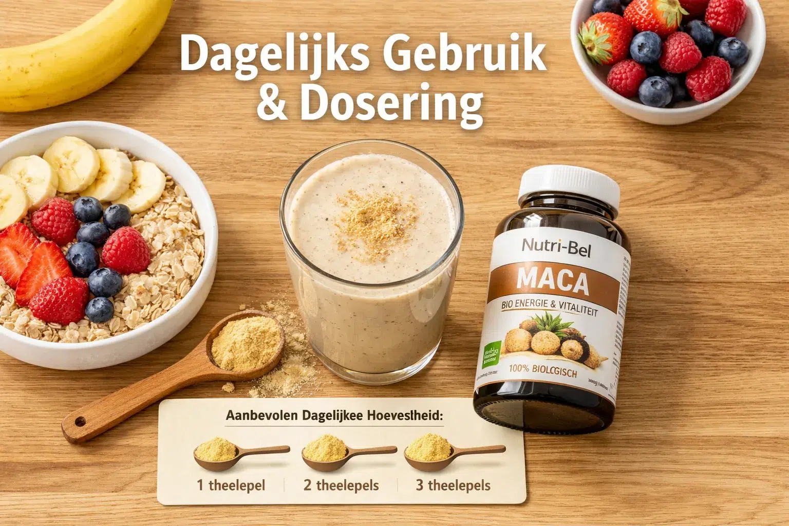 Practical lifestyle photograph (1536x1024) showing maca powder usage in daily routine. Flat lay composition featuring glass of smoothie with